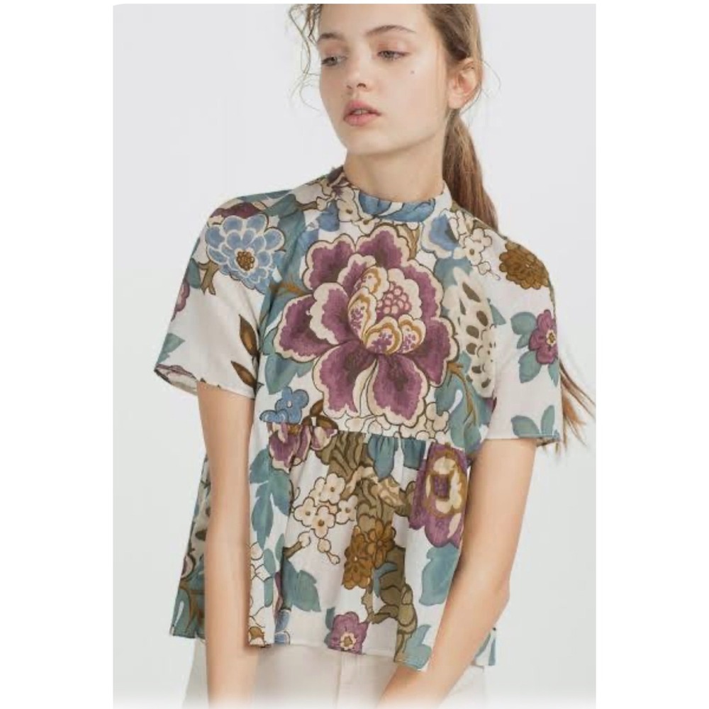 Zara Floral Babydoll Top Small Open Back TiShort Sleeve Coquette Cottagecore